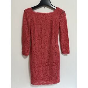 Adrianna Papell Sz 2 Red Boat Neck Lace Fitted‎ Eveningwear Formal Dress 3/4 Slv